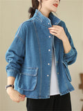 Women's Trendy Lapel Long Sleeve Patch Pocket Denim Jacket