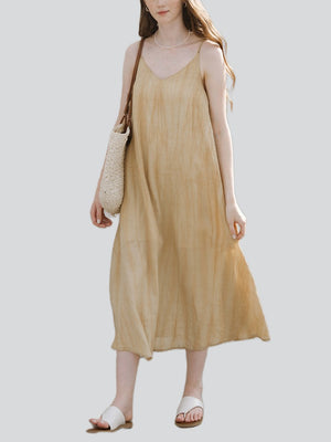 Elegant Apricot V Neck Sleeveless Flowy Tencel Dress for Women