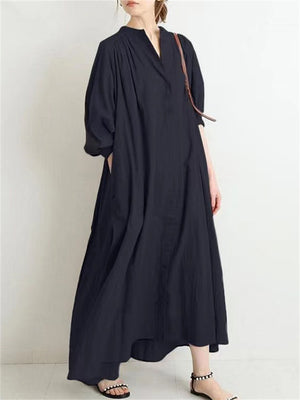 Women's Casual Single-Breasted Pleated Oversized Shirt Dress