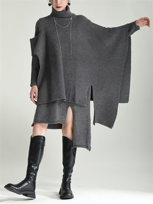 Vogue Turtleneck Irregular Hem Cape + Knitted Dress for Women