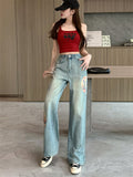 Female Stylish Chinese Style Embroidered Denim Trousers