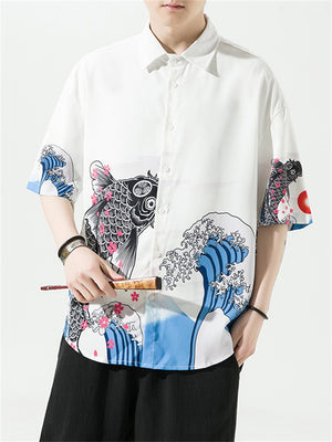 Fish Crane Mountain Print Summer Button T-shirt for Men