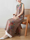 Chinese Style V-Neck Floral Print Sleeveless Cheongsam Dress