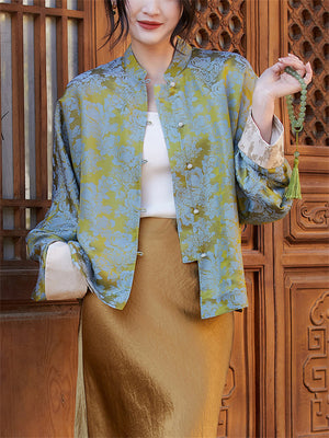 Luxury Peony Jacquard Women's Long Sleeve Tang Suit Shirt