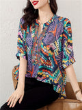 Colored Drawing Print V Neck Half Sleeve Rhinestone Shirt for Lady