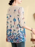 Female Blue Floral Print Crew Neck Short Sleeve Knit Shirt