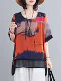 Women's Retro Print Round Neck Half Sleeve Cozy Chiffon Shirt