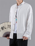 Men's Casual Embroidery Stand Collar Linen Long Sleeve Shirt