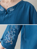 Women's Ethnic Style Peony Embroidery 3/4 Sleeve Linen Shirt