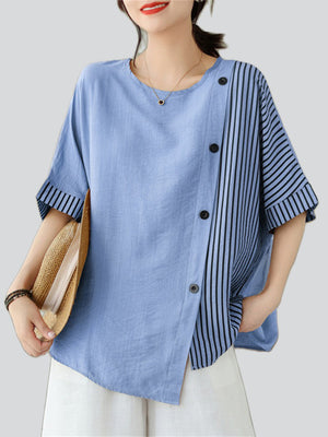 Women's Round Neck Striped Patchwork Irregular T-shirt