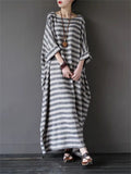 Relaxed Stripe Round Neck Cotton Linen Long Dress for Lady