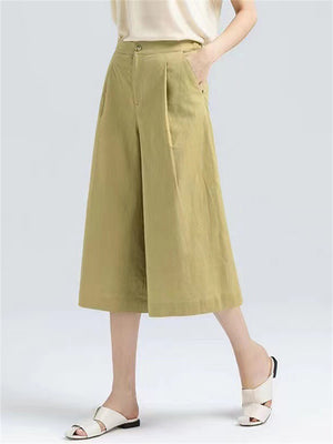 Semi-Elastic Slimming Wide Leg Cropped Pants for Ladies