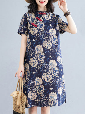 Women's White Peony Print Knee Length Navy Blue Qipao Dress