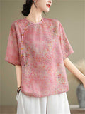 Chinese Style Linen Floral Print Round Neck Shirt for Lady