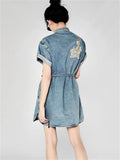 Ladies Auspicious Beast Qilin Chic Denim Qipao Dress