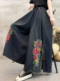 Female Ethnic Style Peony Embroidered Denim Wide Leg Pants