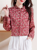 Retro Rose Red Floral Print Puff Sleeve Shirt for Ladies