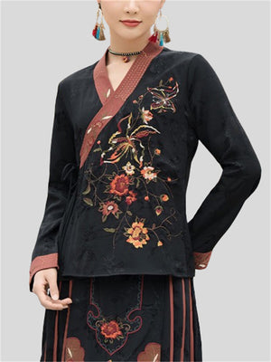 Ethnic Style Flower Embroidery Women's V Neck Lace Up Shirt