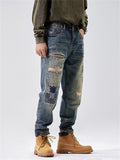 Stylish Patchwork Design High-Rise Ripped Blue Jeans for Men