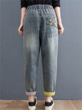 Women's Frayed Patch Printed Elastic Waist Multi-pocket Jeans