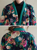 Women's Retro Flower Print V-Neck Button Up Warm Plush Coat