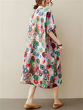 Flower Print Round Neck Mid-length Dress for Women