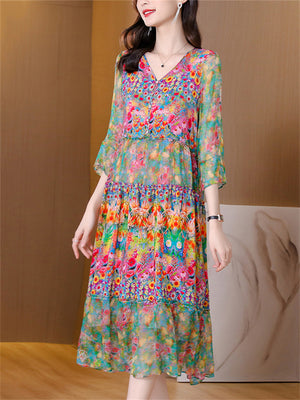 Elegant 3/4 Sleeve Spliced Floral Dress for Women