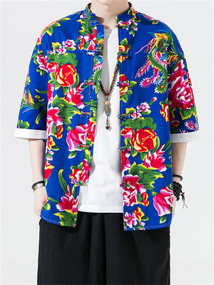 Male Flower Peacock Printed Short Sleeve Shirt