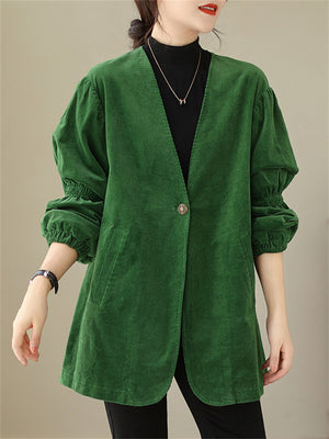 Women's Retro Fashion Green Corduroy Blazer Jacket