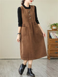 Women's Retro Daisy Embroidery Mid-Length Corduroy Dress