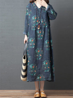 Vintage Relaxed V-neck Floral Dresses for Women