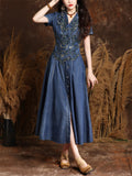 Ladies Elegant V Neck Hand-Embroidered Button Pleated Dress