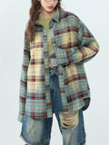 Spring Retro Contrast Color Plaid Long Sleeve Shirt for Women