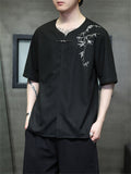 Male Bamboo Embroidered Half Sleeve Metal Button Shirt