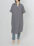 Summer V-Neck Super Loose Long Cotton Shirt for Women