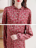 Retro Rose Red Floral Print Puff Sleeve Shirt for Ladies