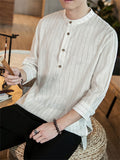 Relaxed Cotton Linen Stylish Striped Men's 3/4 Sleeve Shirt