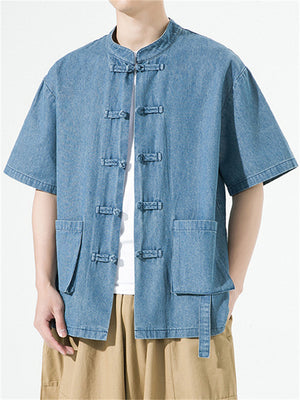 Summer Denim Short Sleeve Tang Suit Shirt for Men