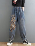 Women's Casual Plant Embroidery Loose Denim Harem Pants