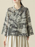 Women's Oriental Scenery Print Stand Collar Long Sleeve Shirt