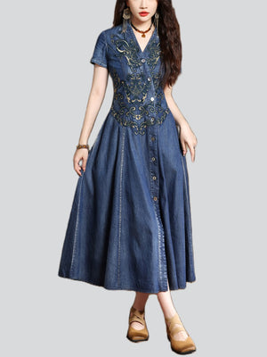 Ladies Elegant V Neck Hand-Embroidered Button Pleated Dress