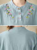 Women's Cute Flowers Embroidery Cotton Linen Long Sleeve Shirt