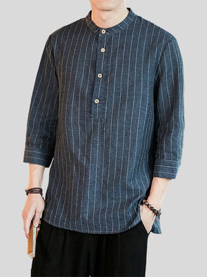 Relaxed Cotton Linen Stylish Striped Men's 3/4 Sleeve Shirt