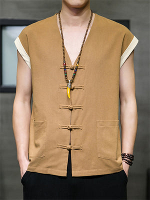 Men's Summer Cotton Linen Breathable Button Sleeveless Vest