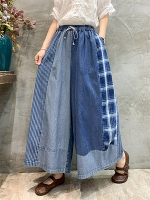 Women's Stylish Plaid Patchwork Drawstring Wide-Leg Jeans