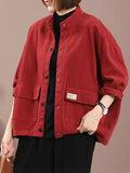 Ladies Simple Stand Collar Pocket Button Up Jacket