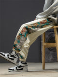 Side Floral Embroidery Elastic Waist Vintage Pants for Men