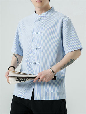 Men's Chinese Style Stand Collar Knot Button Summer Striped Shirt