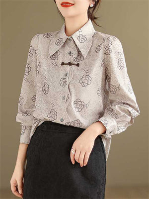 Elegant Vintage Rose Print Lapel Long Sleeve Shirt for Lady