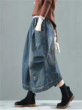 Retro Pocket Elastic Waist Blue Denim Skirt for Women